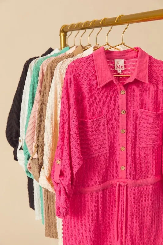 SO ME Romper Textured Knit Fuchsia Pink Button Front Drawstring Waist 6e043c4a-8d1d-483f-be14-aeba40188fef-Max-Origin Trendsi