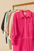 SO ME Romper Textured Knit Fuchsia Pink Button Front Drawstring Waist 6e043c4a-8d1d-483f-be14-aeba40188fef-Max-Origin Trendsi