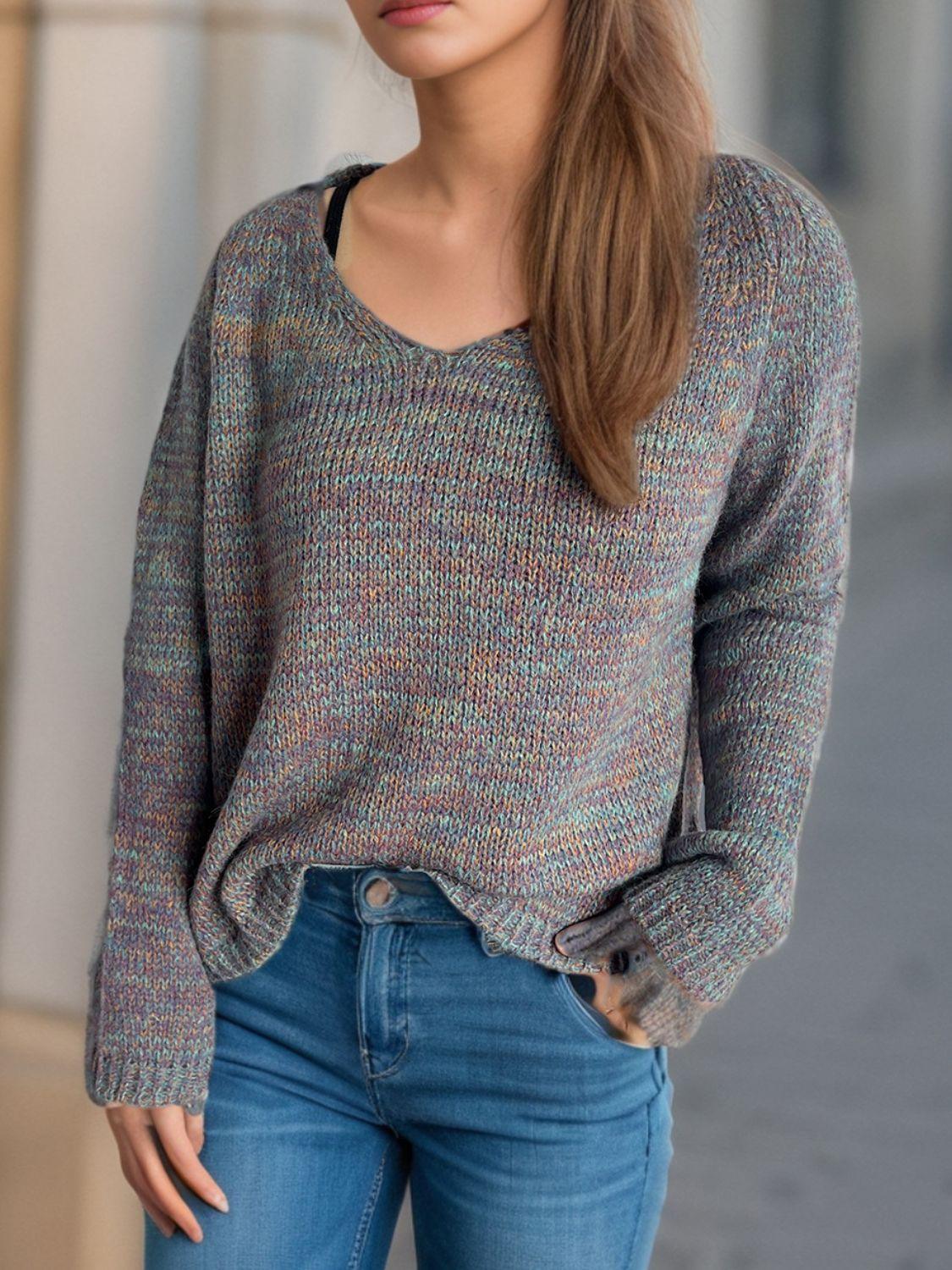 Heathered Colorful Sweater V-Neck Long Sleeve Basic Style Pullover 6e0ce614-a0ba-4ff2-9b4a-1e7260527ade-Max Trendsi