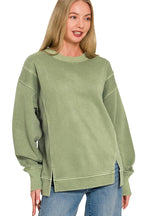 Zenana Pigment Dye Sweatshirt with Exposed Seams and Side Slits