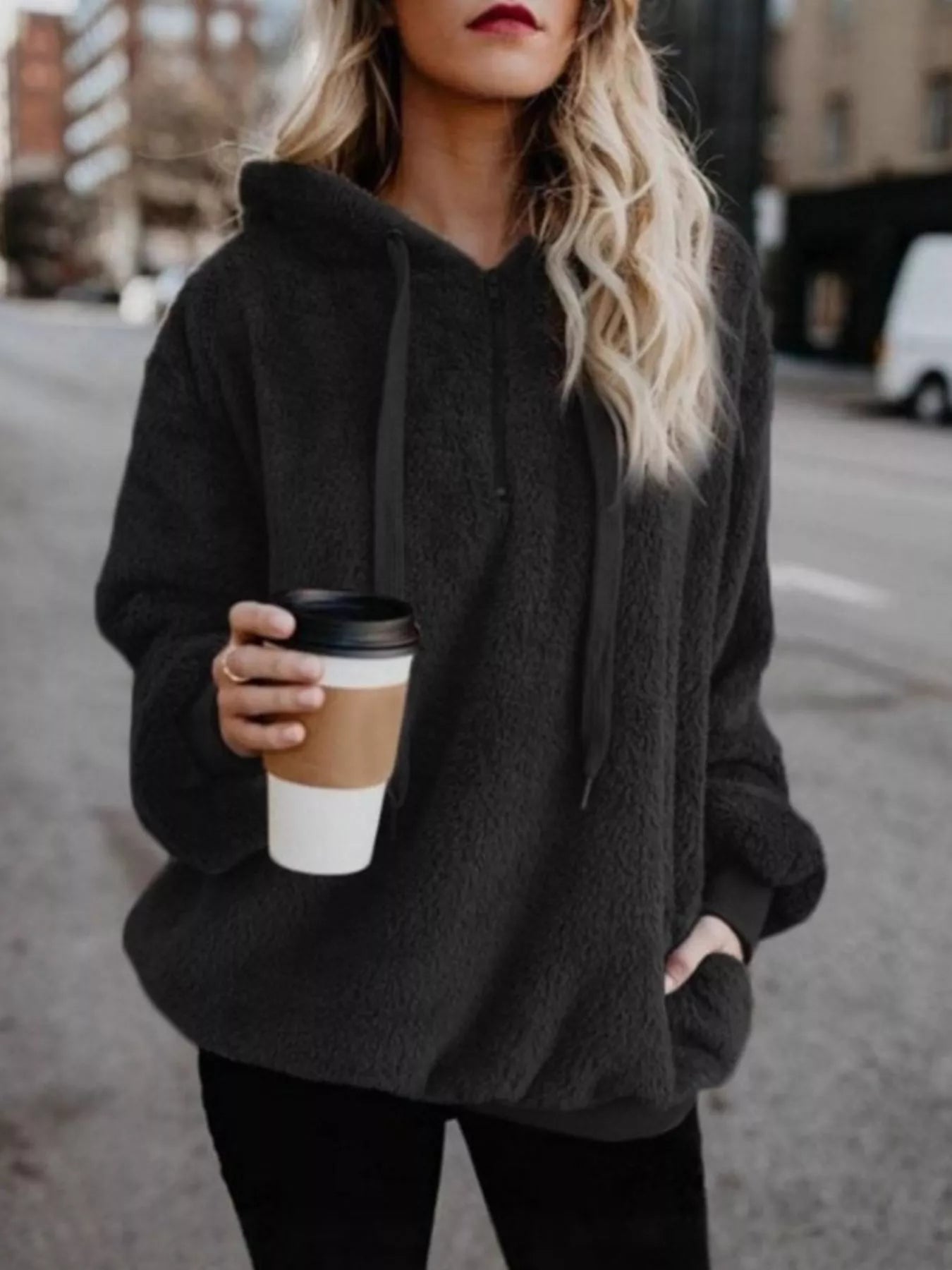 Womens Fleece Hoodie Half Zip Drawstring Hood Soft Top S-4XL Black 6e132e30-9c9c-4278-93b6-3a00489802c7-Max-Origin Trendsi