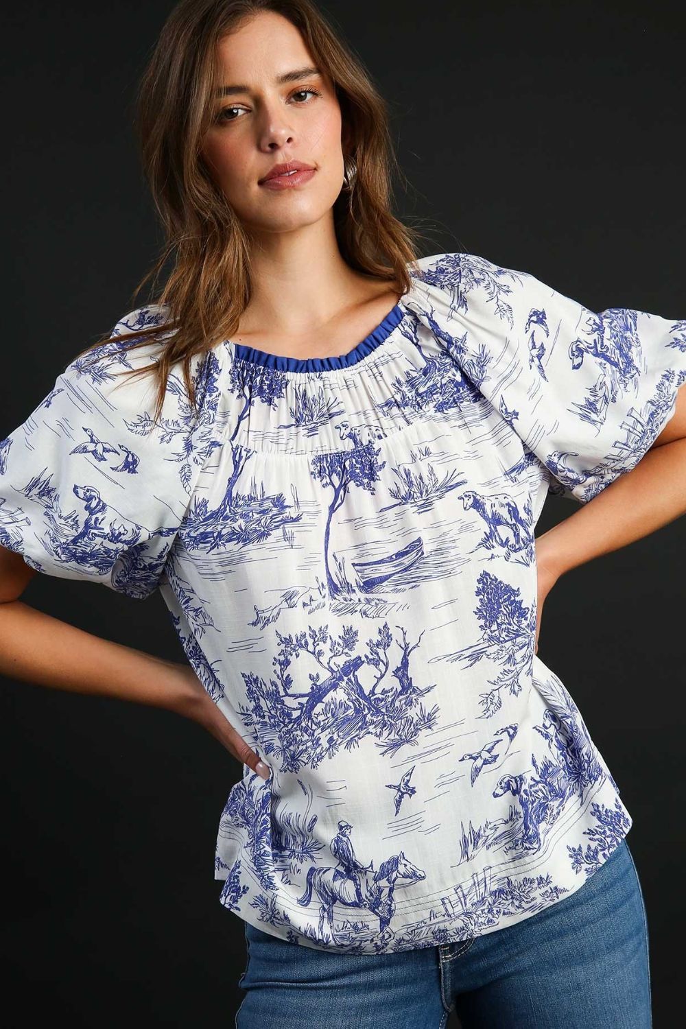Umgee Blouse Blue Two Tone Landscape Print Round Neck Short Sleeve Top Blue 6e13967e-fb99-456f-b199-78fa8e1794fa-Max Trendsi