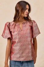 BiBi Jacquard Womens Blouse Red Woven Short Balloon Sleeves V Neck Top 6e146cad91404171ba8c74649bec22dd-Max-Origin Trendsi