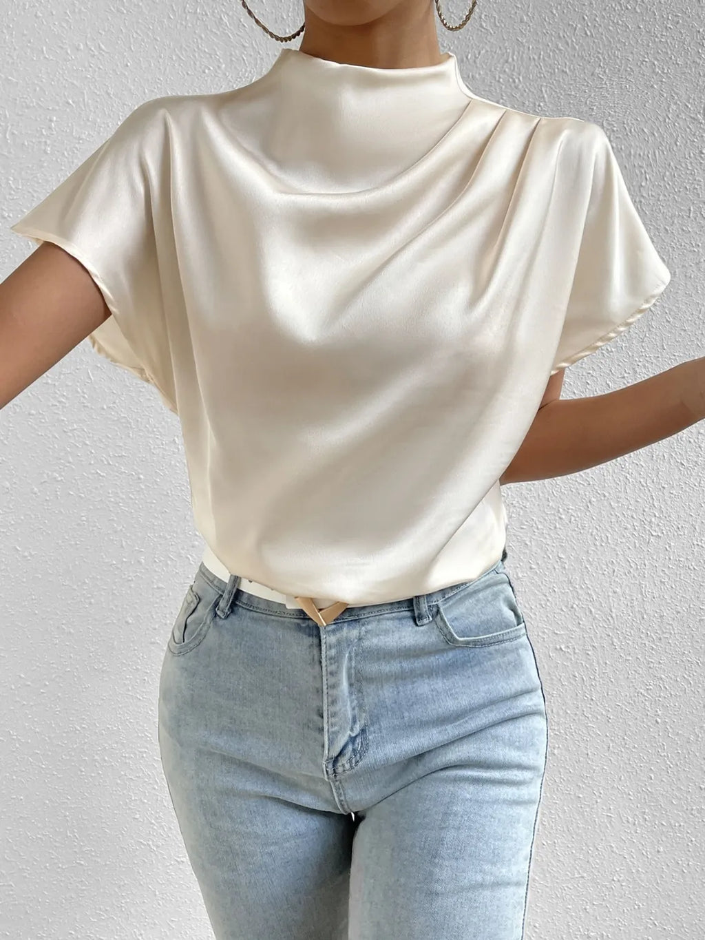 Satin Blouse Mock Neck Pleated Short Sleeve Basic Style Top 6e19af30-9b10-4dae-be48-17cb40c96810-Max-Origin Trendsi