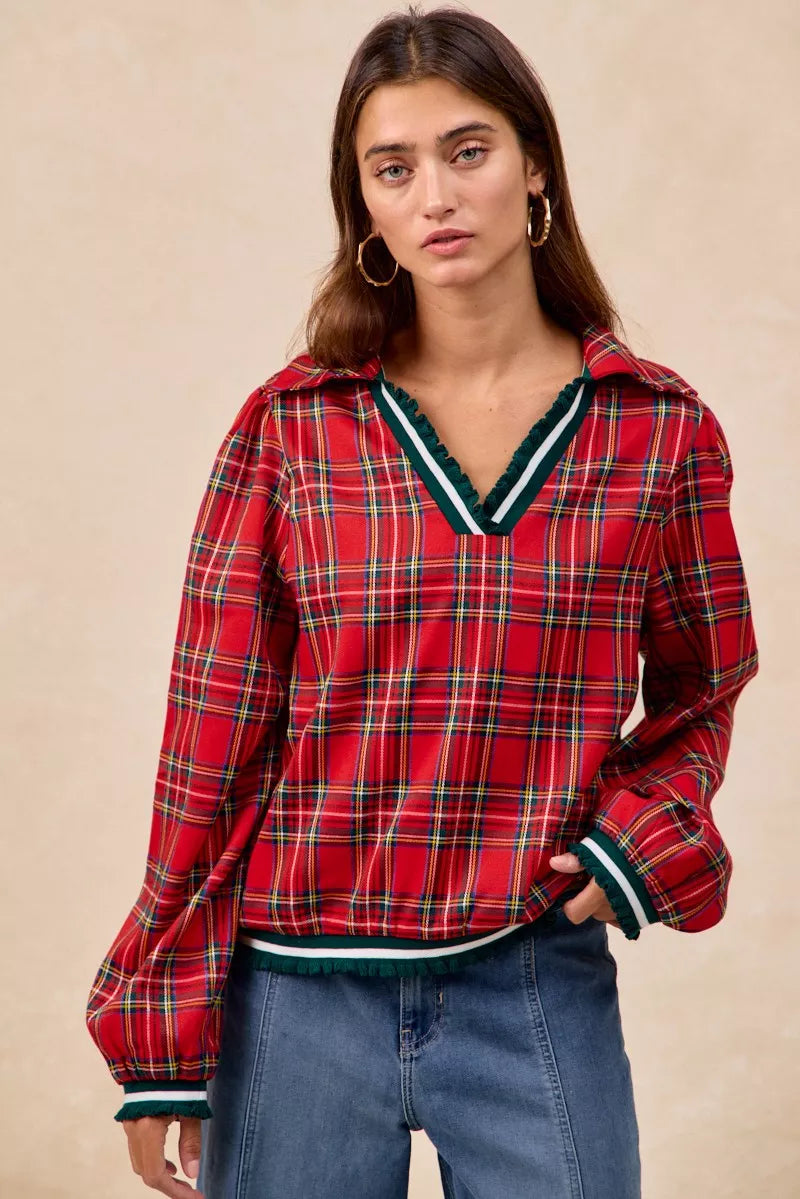 BiBi Christmas Womens Blouse Red Plaid Collared Top with Ruffled Detail 6e19cb01a2f74d1aab232e9157d13287-Max-Origin Trendsi