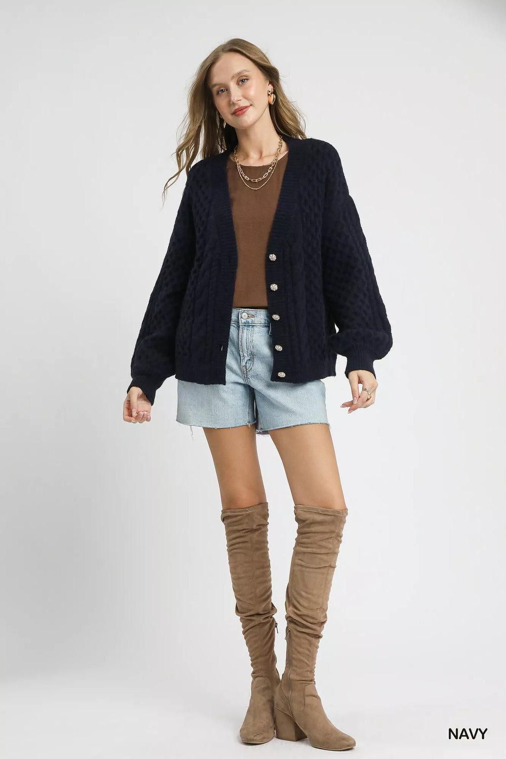 Umgee Womens Cardigan Navy Cable Knit Pearl Button Sweater 6e1cd96c-152e-4421-8d21-2abded50e8da-Max-Origin Trendsi