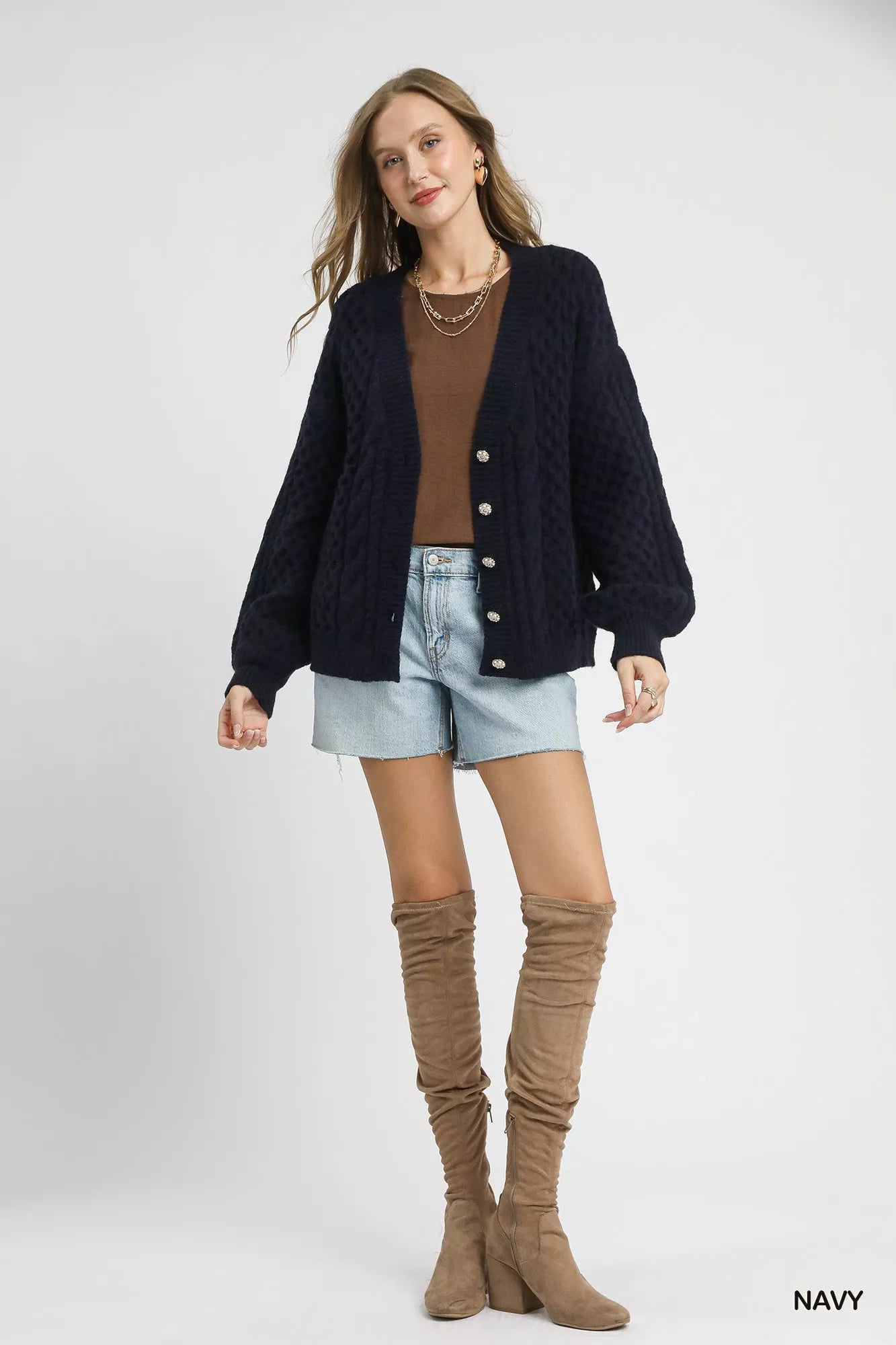 Umgee Womens Cardigan Navy Cable Knit Pearl Button Sweater 6e1cd96c-152e-4421-8d21-2abded50e8da-Max-Origin Trendsi
