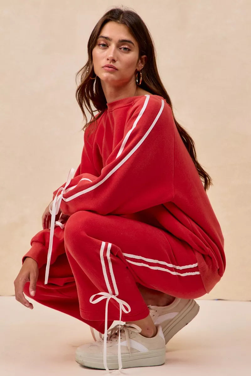 BiBi Womens Fleece Sweatpants Red Side Lined Bow Details Pocketed 6e27dafdfe7540b9884c69a88b6e2bae-Max-Origin Trendsi