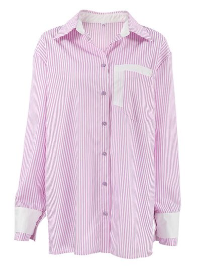 Striped Pink Shirt Women's Collared Patch Pocket Long Sleeve Casual Top 6e2aa74c-7edb-4412-aaaa-05fdc3dc8b03-Min Trendsi