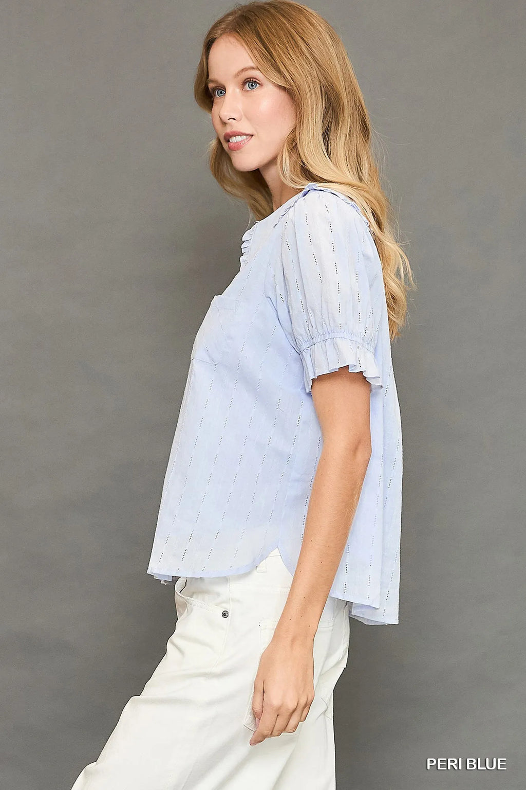 Umgee Shirt Peter Pan Collared Button Up Textured with Ruffled Short Sleeve Top 6e3cb55b-f37b-476a-8be9-ad82c708152a-Max-Origin Trendsi