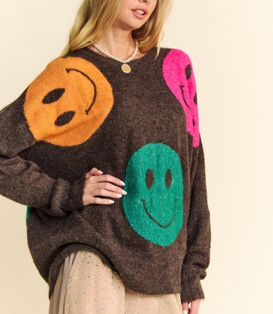 Davi & Dani Dark Brown Sweater Colorful Smile Round Neck Oversize Pullover