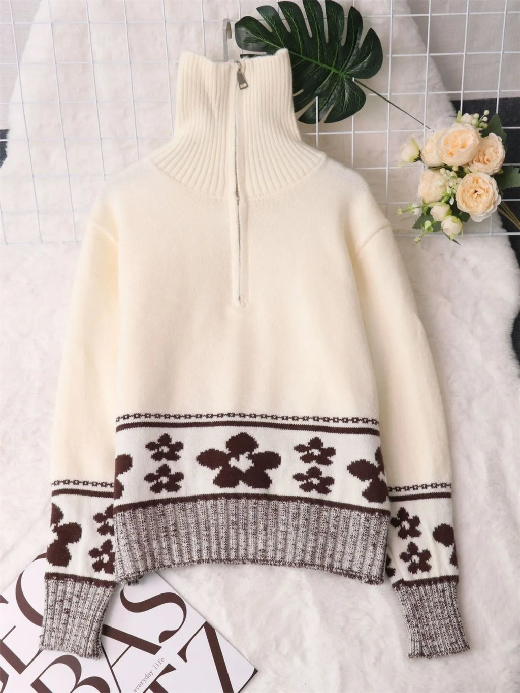 Women's Sweater Flower Hem Zip Collar Long Sleeve Stylish Pullover 6e445a8b7a984b91b8b6d186bd1c4c04-Max-Origin Trendsi