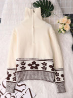 Women's Sweater Flower Hem Zip Collar Long Sleeve Stylish Pullover 6e445a8b7a984b91b8b6d186bd1c4c04-Max-Origin Trendsi