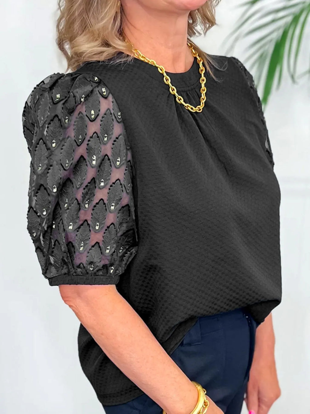 Women's Blouse Bubble Short Sleeve Patchwork Textured Black Top 6e4f9e78-bc67-4ba3-934d-bbf90d73ae92-Max-Origin Trendsi