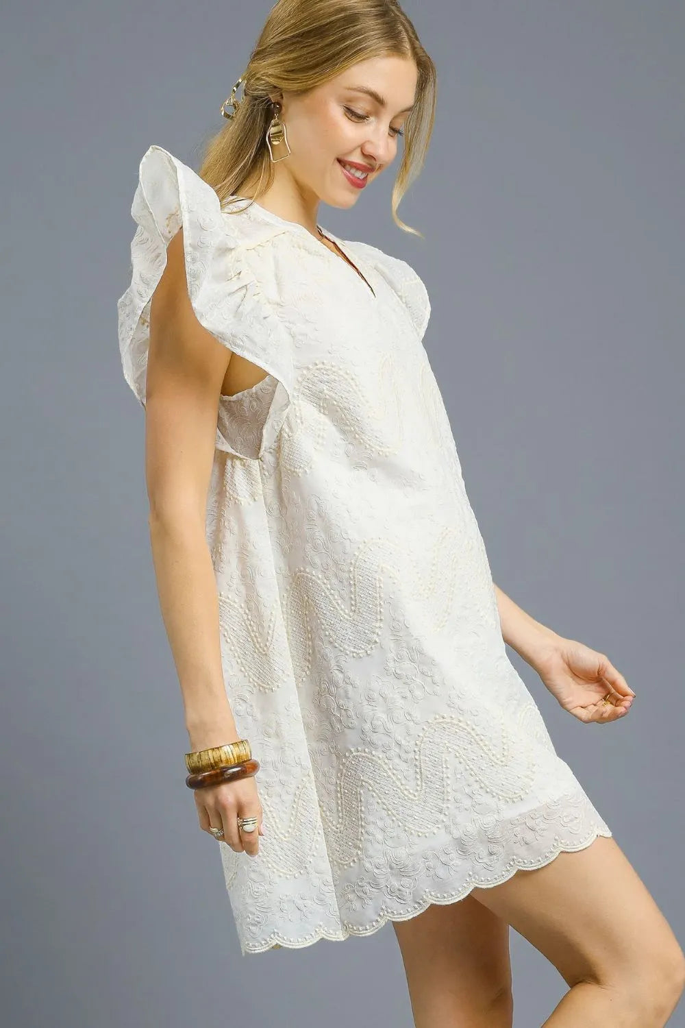 Umgee Mini Dress White Floral Embroidered Scalloped Hem Ruffled Short Sleeve 6e502667-f697-4ede-a312-ed110724a017-Max-Origin Trendsi