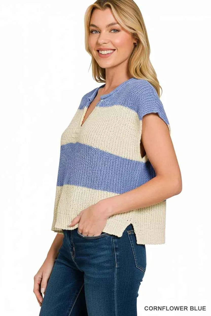 Zenana Women Sweater Blue Stripe Sleeveless Split Neck Knit Top 6e5834d5-4afb-41dd-aee1-70f0f58e0775-Max-Origin Trendsi
