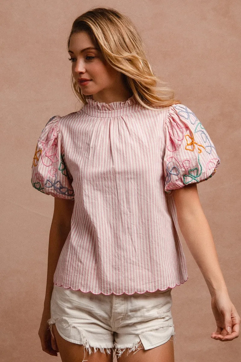 BiBi Blouse Pink Striped Embroidery Bubble Sleeve With Bottom Scallop Detail