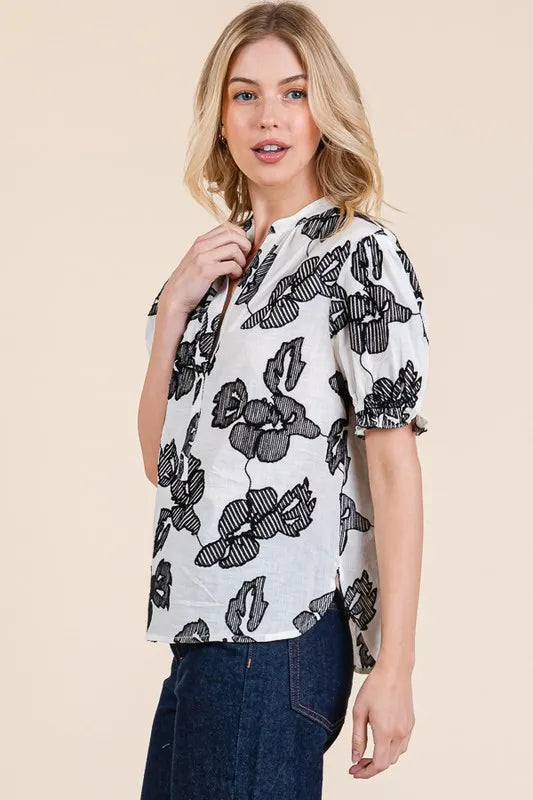 Lime 'N' Chili Blouse Floral Black Ivory Embroidered Split Neck Puff Sleeve 6e65a18709594a8da24c9acc2f9739f6-Max-Origin Trendsi