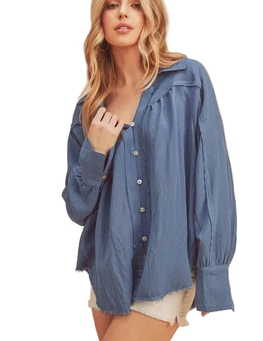 Aemi + Co Raw Hem Button-Down Shirt with Raglan Sleeves