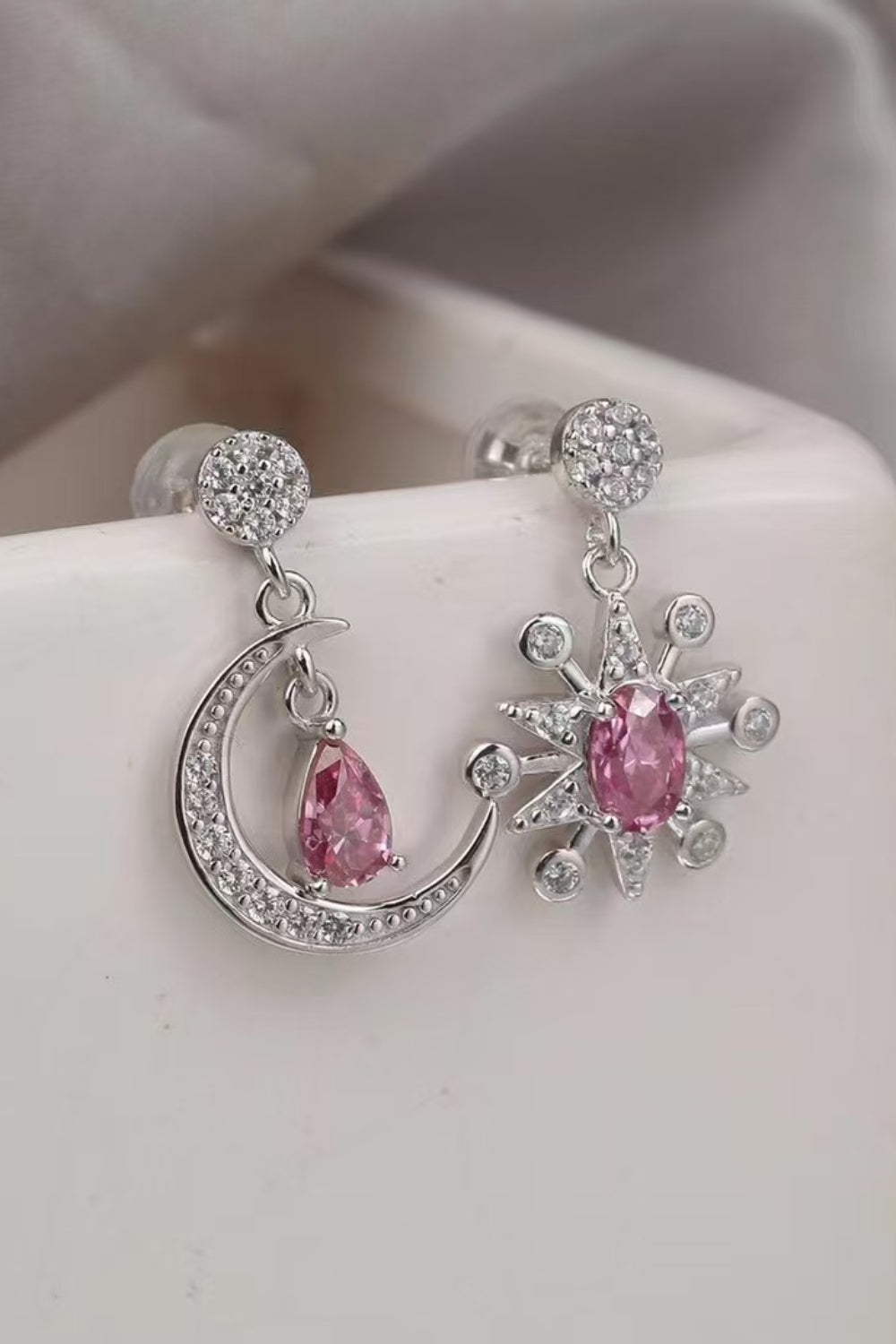 2 Carat Moissanite  Moon & Star Earrings Deep Rose Stone 925 Sterling Silver