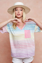 BiBi Cotton T-shirt Rainbow Stripe Printed Triblend Knit Short Sleeve Top 6e70600cde9e4284bc6ec36d7f481816-Max-Origin Trendsi