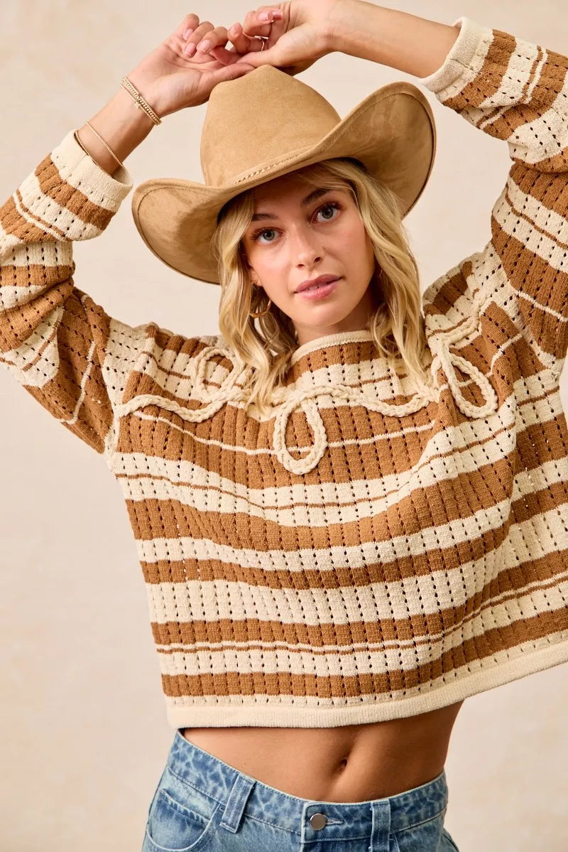 BiBi Womens Brown Striped Open Knit Sweater Top with Front Braided Detail 6e887161b0b745c29fdc9d9d59f88940-Max-Origin Trendsi