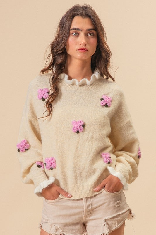 BiBi Sweater Women Ruffled Neck Crochet Flower Applique Long Sleeve Knitwear