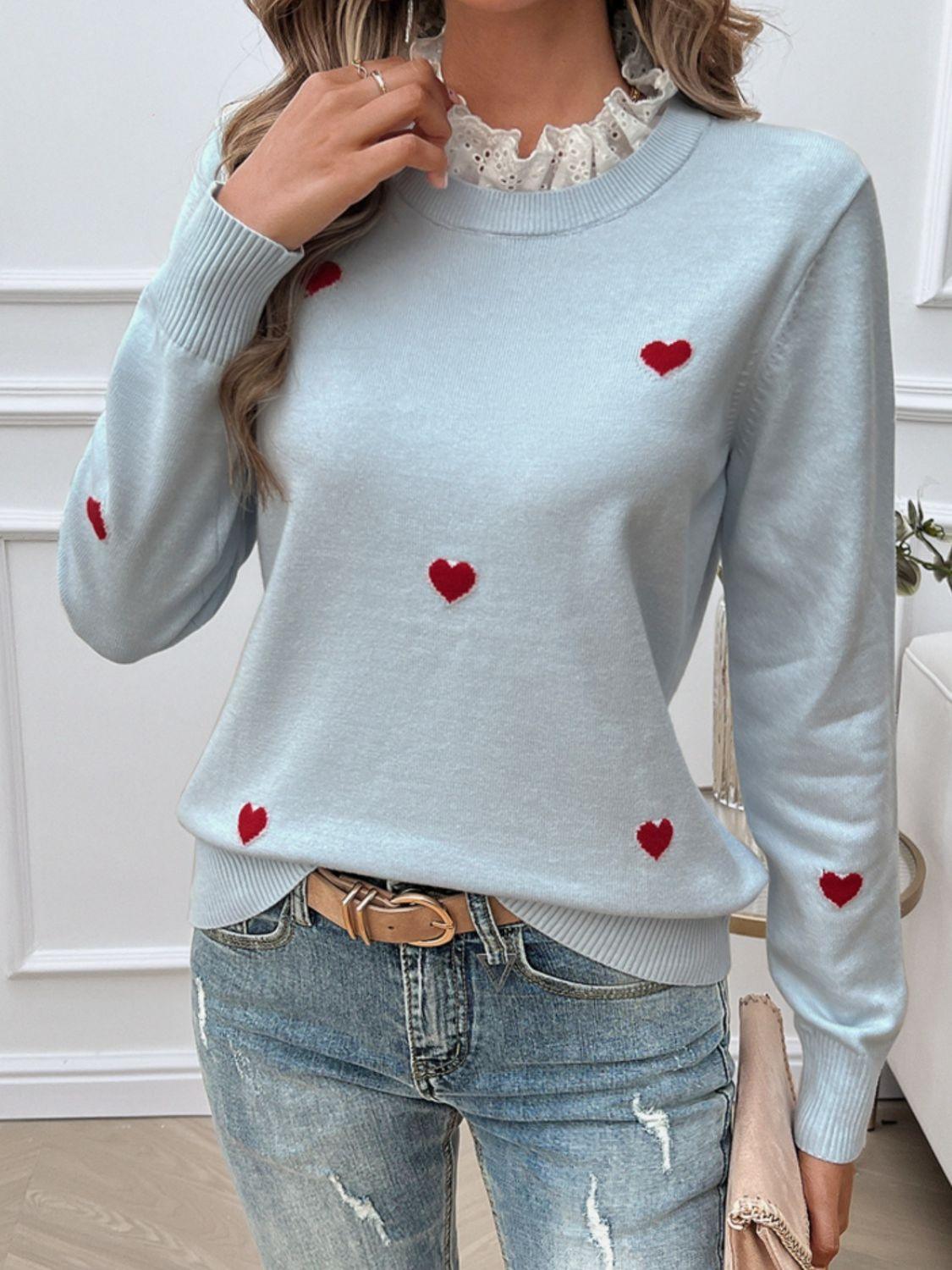 Heart Sweater Lace Collar Detail Long Sleeve Knitwear Light Blue 6e8feb50-5771-4460-ba42-3024cffcf1dd-Max Trendsi