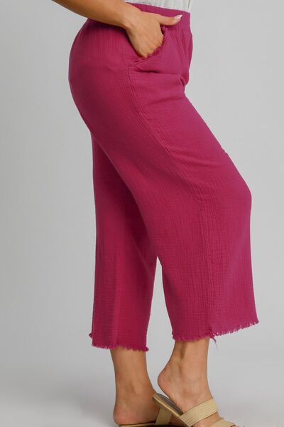 Umgee USA Cropped Pants Women's Raw Hem Wide Leg with Elastic Waist Deep Rose 6e9186ed-e5ea-453e-8333-9e5494895e23-Min Trendsi