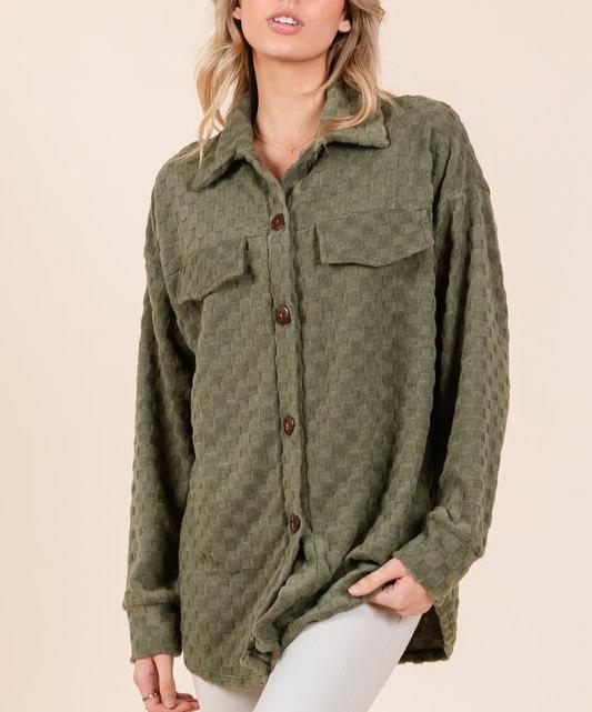 BOMBOM USA Women Shacket Moss Checkered Button Down Long Sleeve