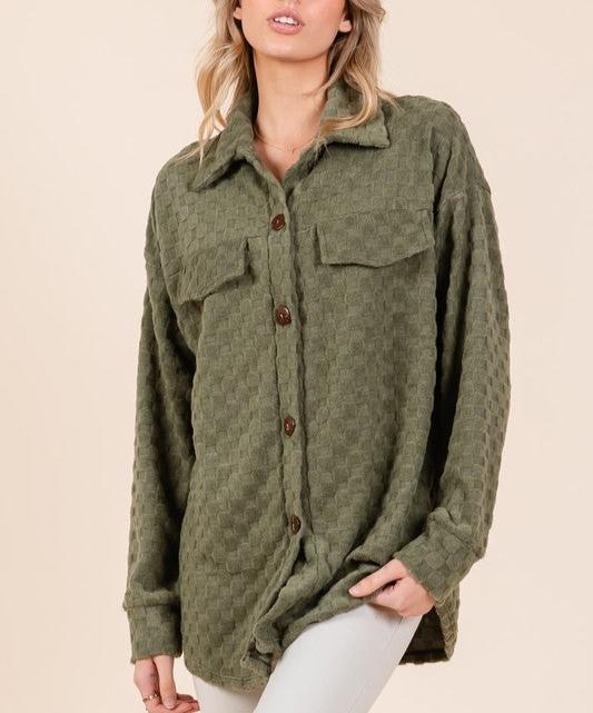 BOMBOM USA Women Shacket Moss Checkered Button Down Long Sleeve Moss 6e937598-d062-44da-a3ec-a3716c994503-Max Trendsi