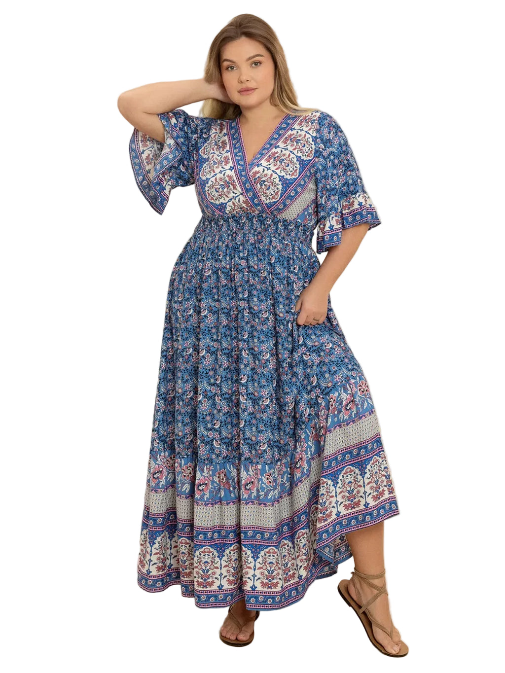Plus Size Printed Wrap-Style Half Sleeve Dress