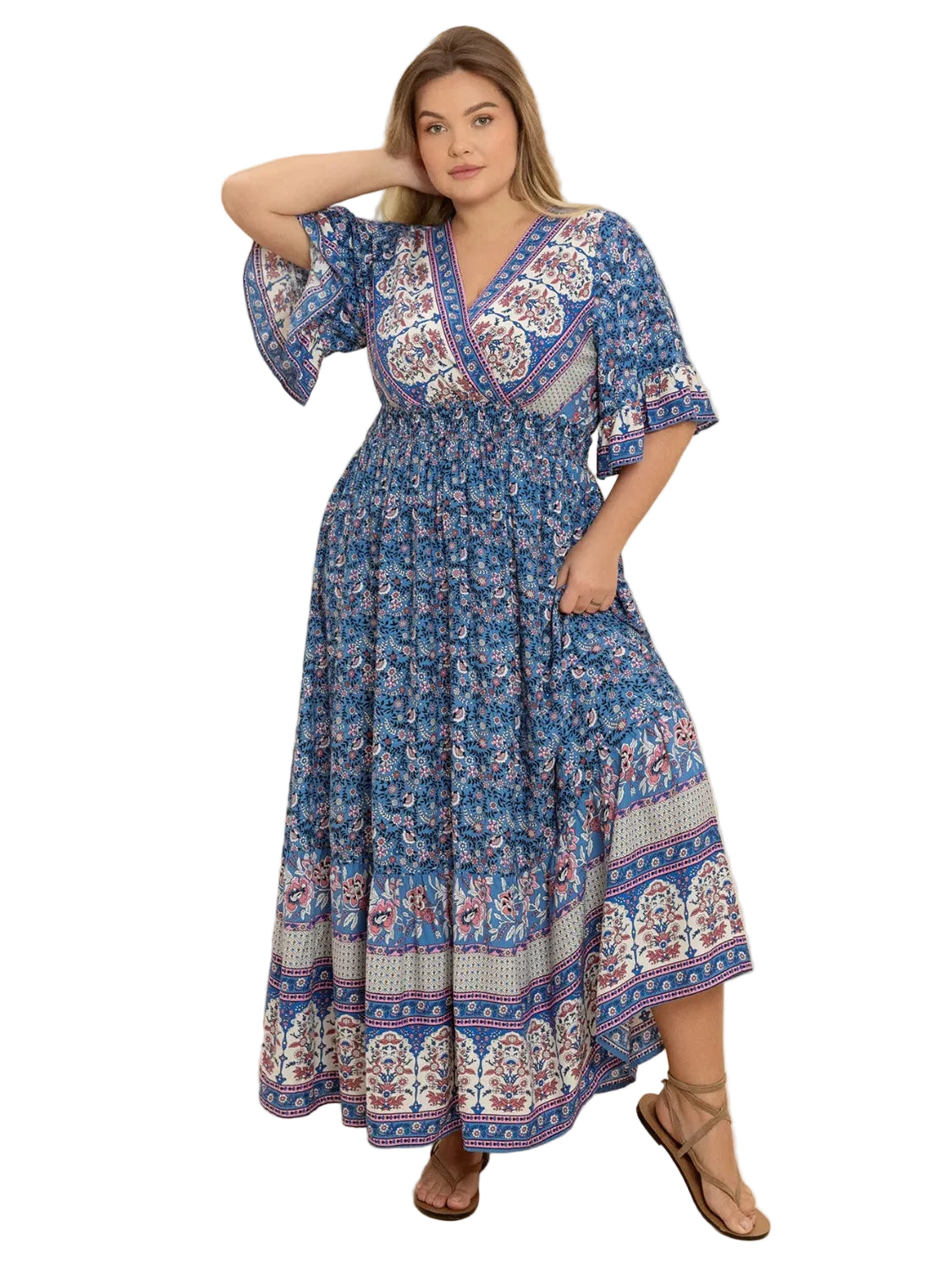 Plus Size Printed Wrap-Style Half Sleeve Dress