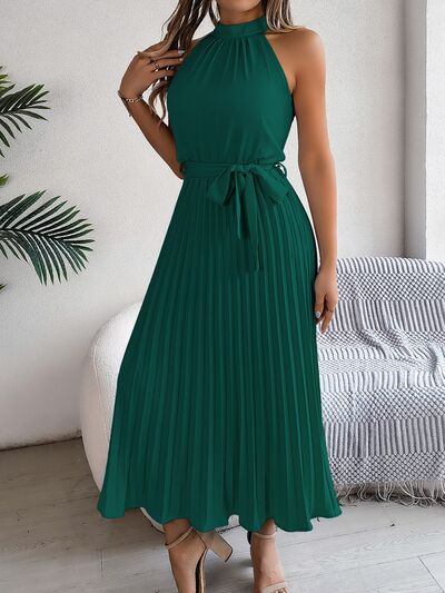 Pleated Midi Dress Grecian Neck Tie Waist Belted Halter Sleeveless 6e980d11-2d2b-4bba-a778-3561c78c94e3-Min Trendsi