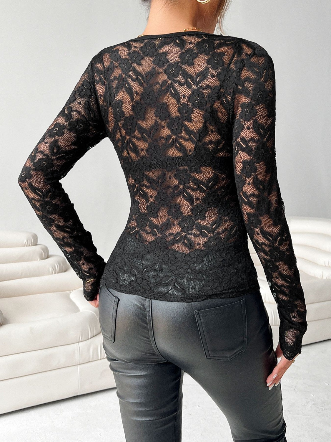 Women Floral Lace Top V-Neck Long Sleeve Transparent Sheer Slim White Blouse 6eabd20a-313c-4d38-8d95-70a5653c9ecc-Max Trendsi