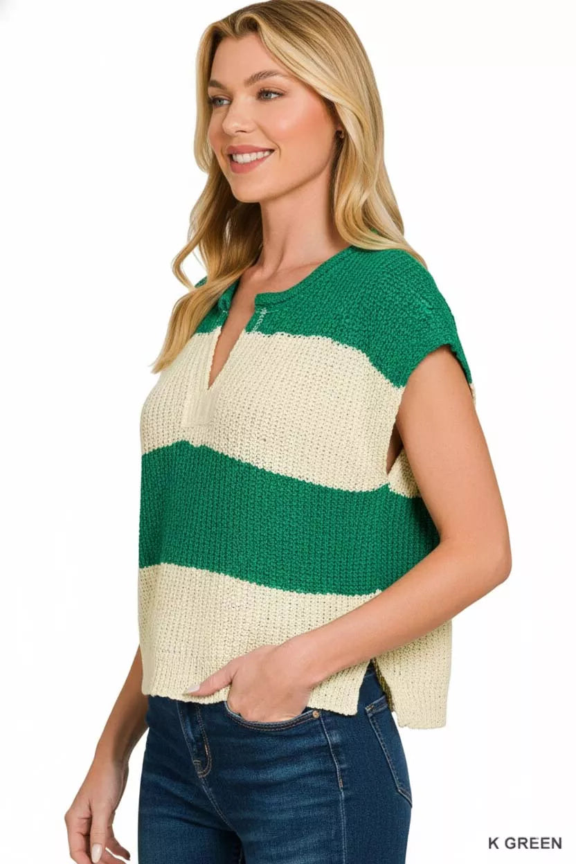 Zenana Women Sweater Green Stripe Split Neck Sleeveless Knit Short Sleeve Top 6eb7a0fe-f2f3-4454-a182-cdadc09dbaad-Max-Origin Trendsi
