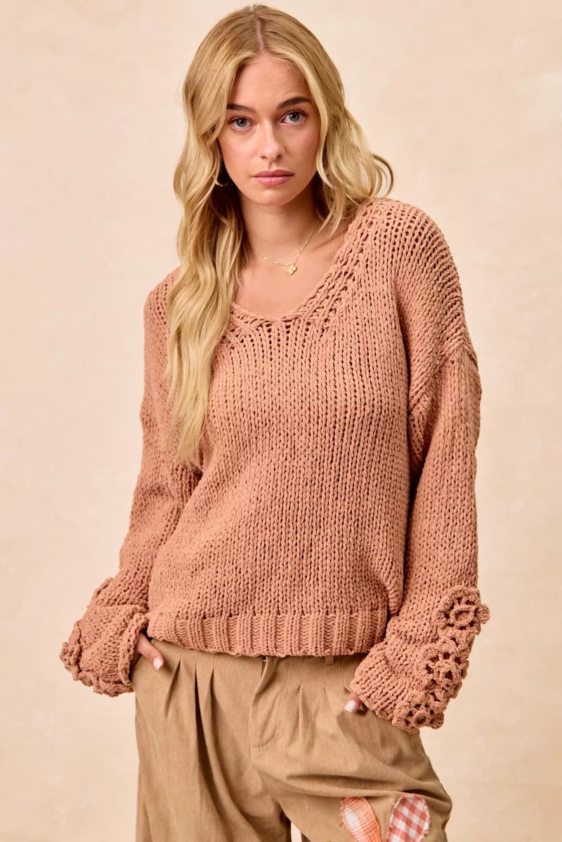 BiBi Womens Sweater Chunky Knit with Flower Detail Sleeves Peach 6ec138c710d94b24bcce1fb79bb3f3a4-Max-Origin Trendsi