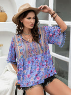 Plus Size Floral Printed V-Neck Half Sleeve Boho Blouse