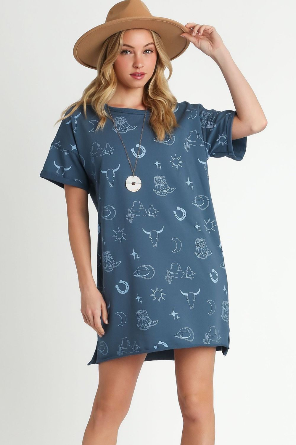 Umgee Mini Dress French Terry Short Sleeve Blue Printed S-2XL Peacock Blue 6ecd7af8-7dcc-4bfb-a402-bb3ddd2285c8-Max Trendsi