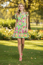 UMGEE Floral Mini Dress Green Mix Ruffle Smocked Neck Short Sleeve
