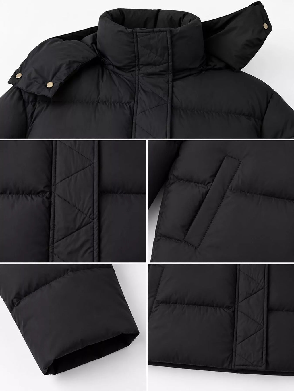 Collage of close-ups showing black puffer jacket details: snap buttons, diamond quilting, ribbed cuffs