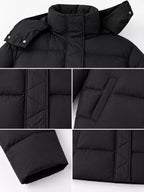 Collage of close-ups showing black puffer jacket details: snap buttons, diamond quilting, ribbed cuffs