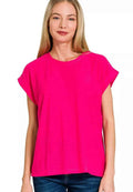 Zenana T-shirt Hot Pink Slub Cuffed Short Sleeve Top Tee HOT PINK 6ee0a02f91f1446e8b19656069f602af-Max-Origin Trendsi