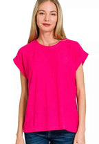 Zenana T-shirt Hot Pink Slub Cuffed Short Sleeve Top Tee HOT PINK 6ee0a02f91f1446e8b19656069f602af-Max-Origin Trendsi