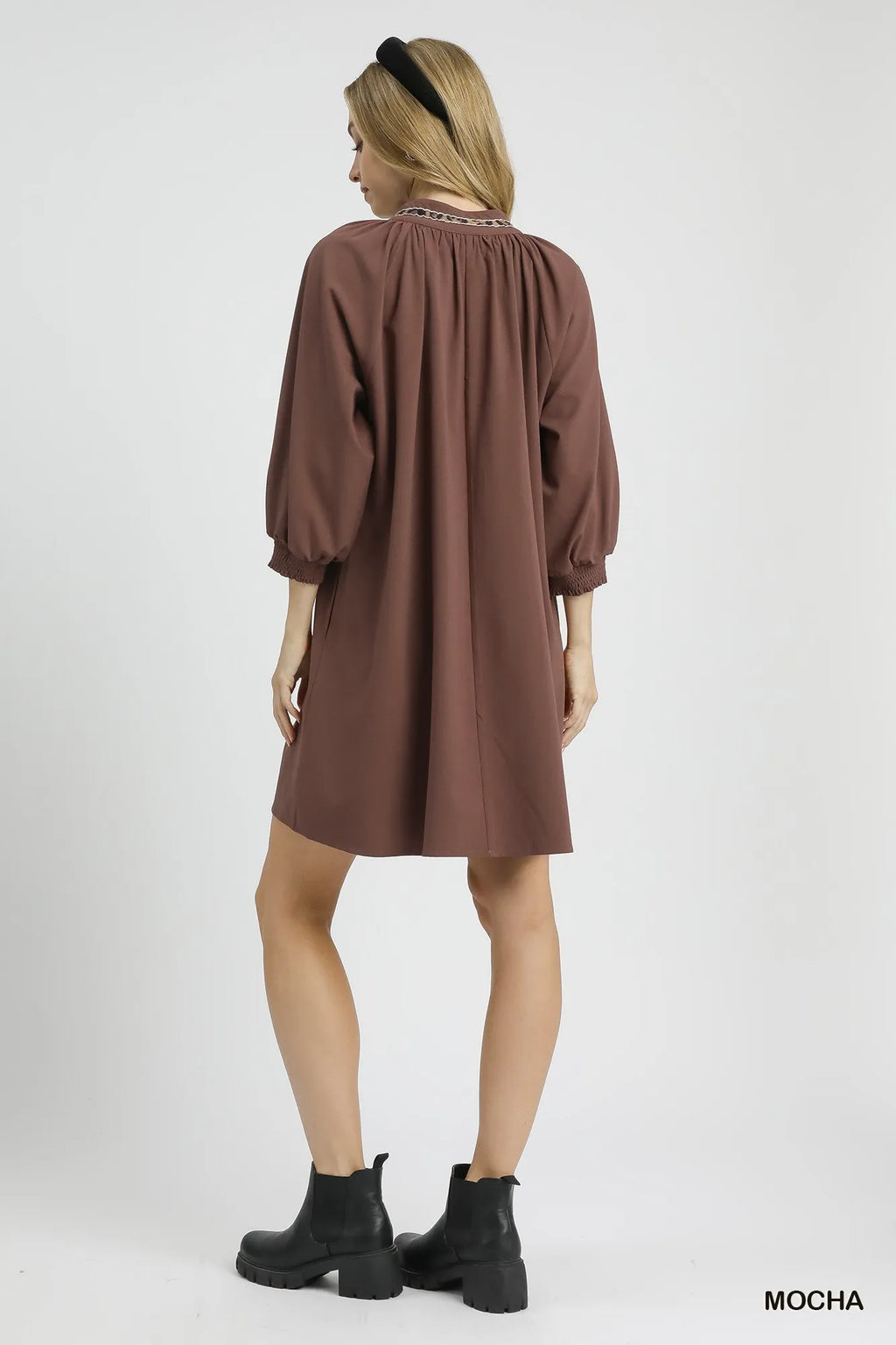 Umgee Short Shift Dress Mocha Notched Collar with Trim Lace Detail 3/4 Sleeve 6ee16e85-d797-4e53-952a-b8514d97b3cf-Max-Origin Trendsi