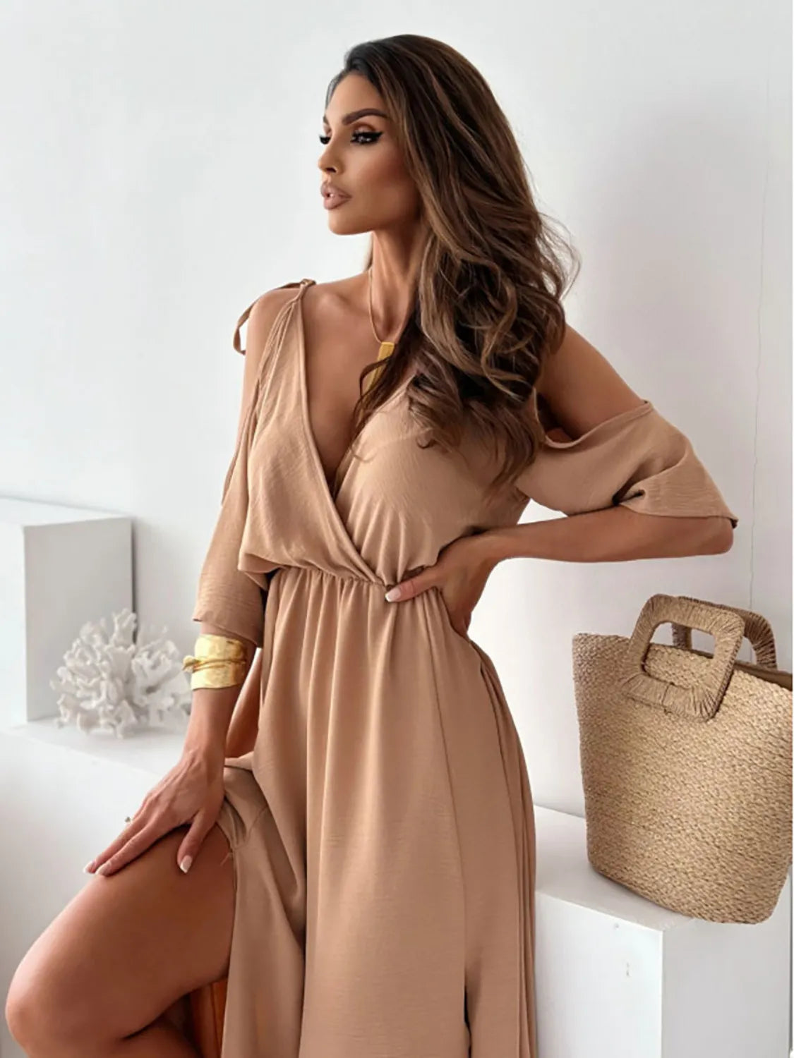 Maxi Summer Dress V Neck Tied Shoulder Slit Short Sleeve High Waisted Camel 6ee75cb1-c1c9-431b-9212-d04302327ca3-Max-Origin Trendsi