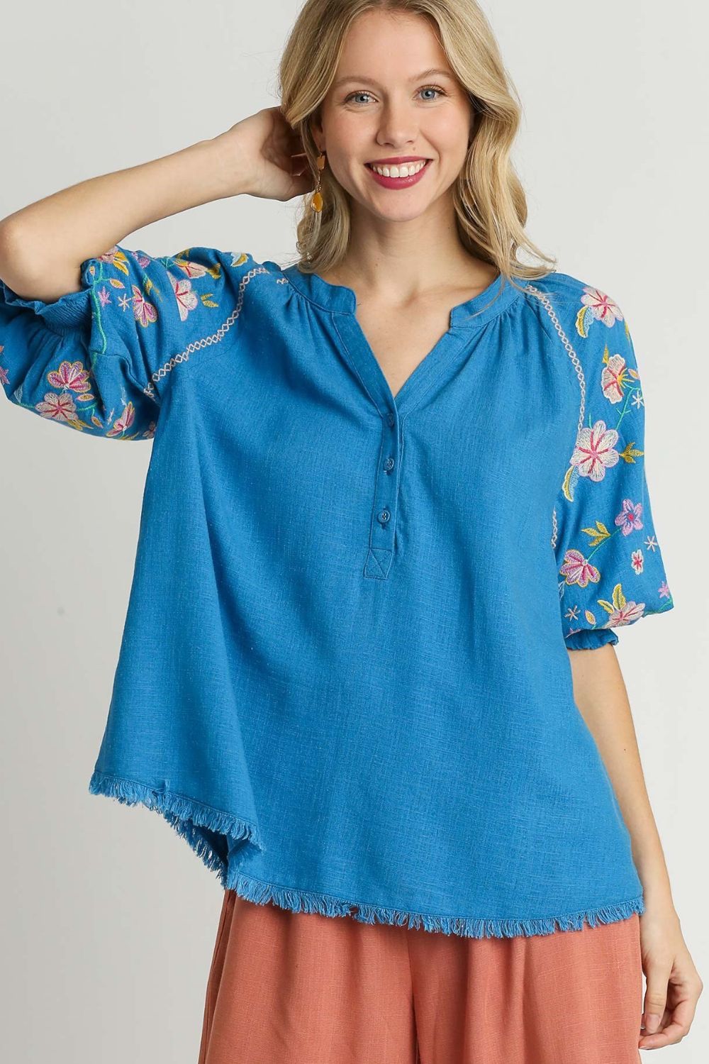 Umgee Top Linen Blend Half Button with Embroidery Short Sleeves Blue Cerulean