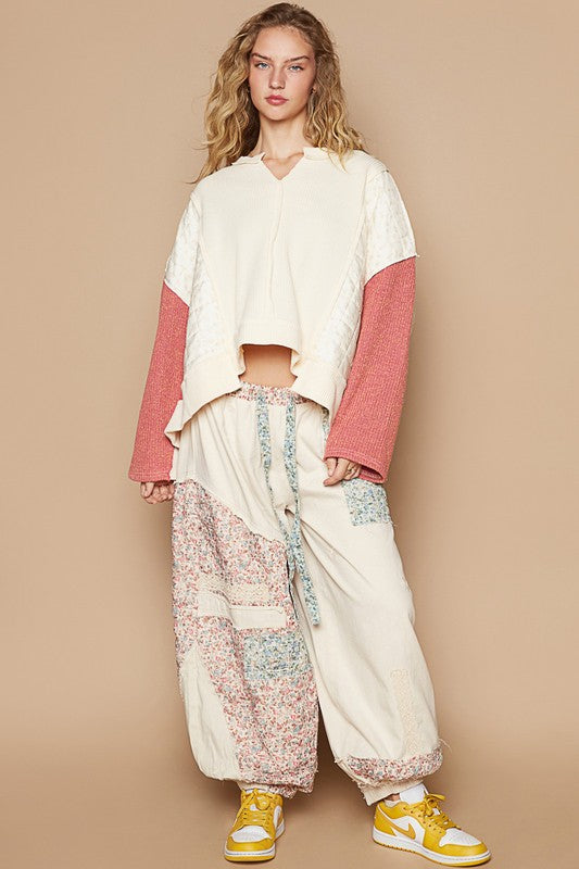 POL Waffle-Knit Top Cream multicolor Contrast Long Sleeve Oversized Slit