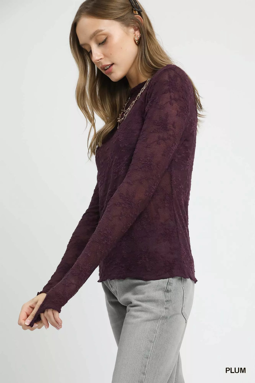 Umgee Women's Blouse Lace Sheer Plum Long Sleeve Top 6eff2f61-dda2-46ad-a642-899e6653d0e2-Max-Origin Trendsi