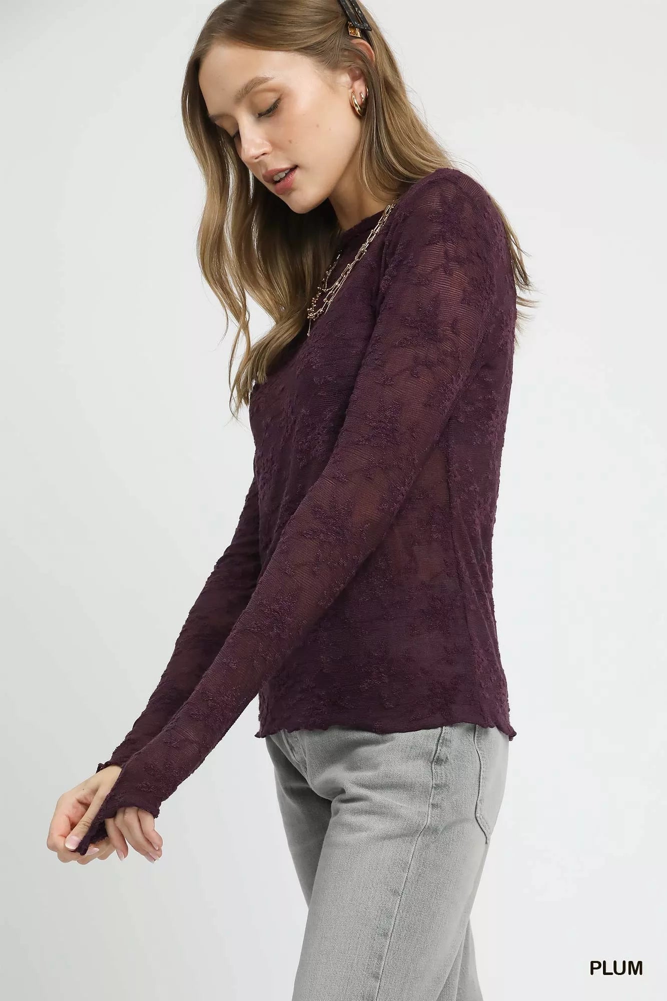 Umgee Women's Blouse Lace Sheer Plum Long Sleeve Top 6eff2f61-dda2-46ad-a642-899e6653d0e2-Max-Origin Trendsi